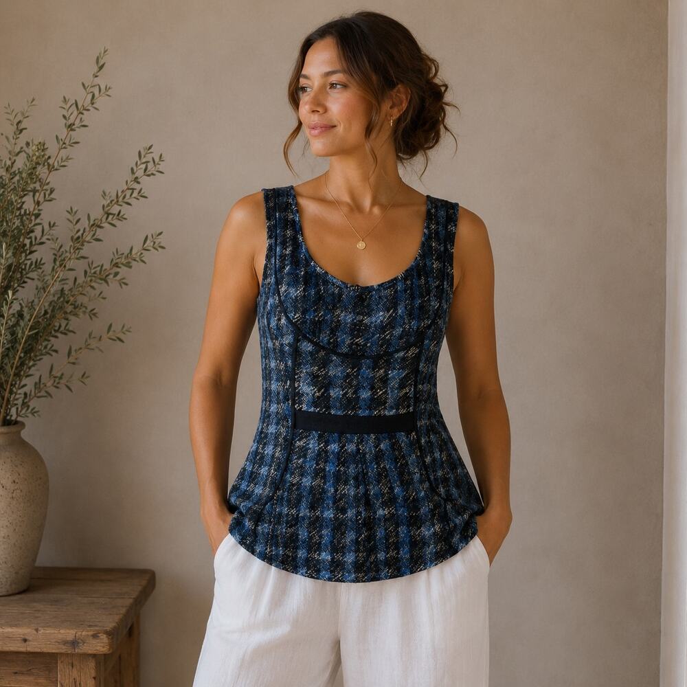 Odille Blue Black Plaid Silk Blend Scoop Neck Sleeveless Top 4